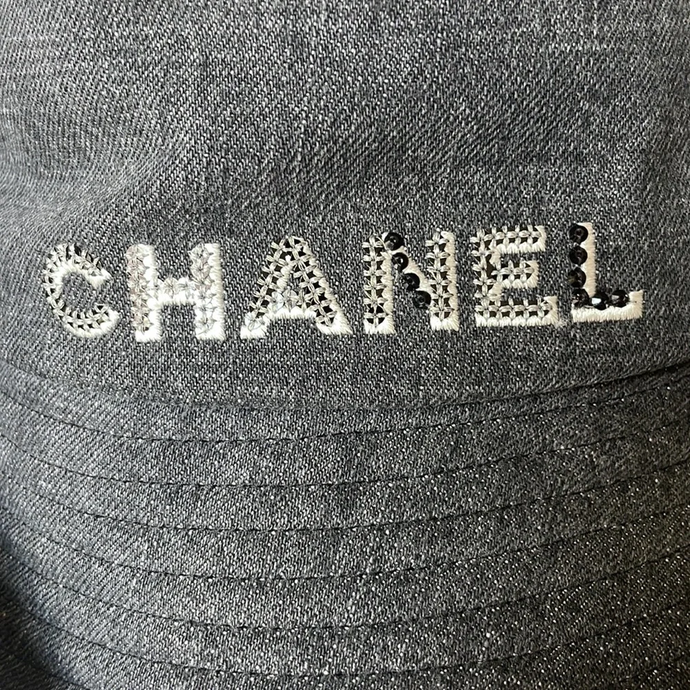 Chanel coco beach black denim sequin logo beach coco cap hat sz MEDIUM